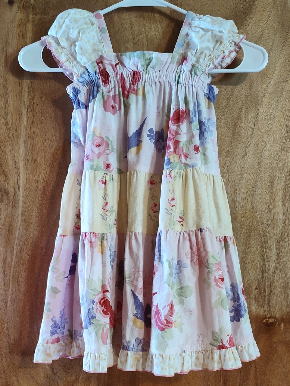 Berry Patch USA Girls Mixed Floral Dress Pink Purple Yellow Tiered Cotton 4/5